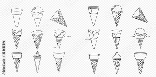 Collection of hand-drawn ice cream cones, empty and filled, with various styles and textures.