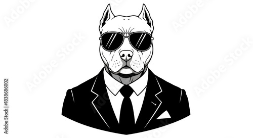 A stylish black and white vector illustration depicts a cool pitbull dog wearing dark sunglasses and a sharp business suit with a tie, exuding confidence.