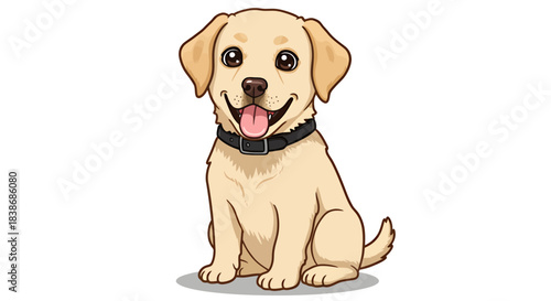 A charming, happy golden retriever puppy, depicted in a friendly cartoon vector illustration, sits patiently with a joyful expression on a clean white background.