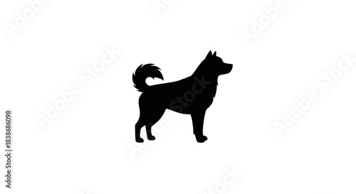 A striking black silhouette of a domestic dog, possibly a husky or malamute, stands isolated on a clean white background, perfect for graphic design.