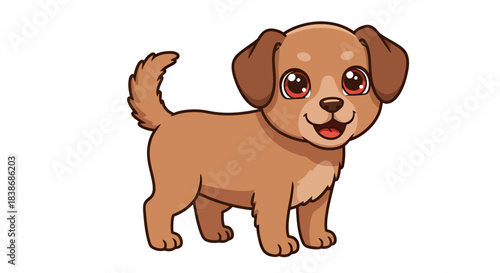 A charming brown cartoon puppy with big expressive eyes stands happily, rendered as a playful vector illustration on a clean white background.