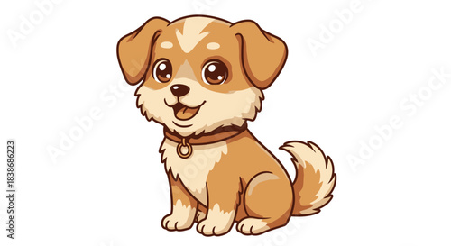 A charming, happy brown and white puppy, depicted in a friendly cartoon vector style, sits cheerfully on a clean white background, perfect for children's designs.