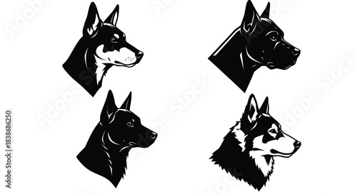 A collection of four distinct dog head profiles rendered in a bold black and white vector art style, perfect for various design projects.