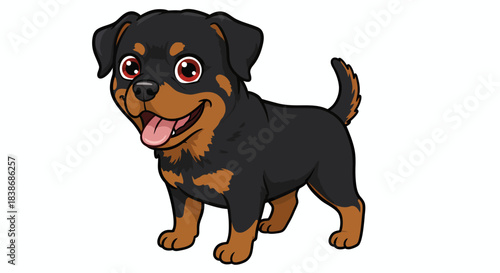 A charming and happy cartoon Rottweiler puppy stands with its tongue out, rendered in a cheerful vector illustration style.