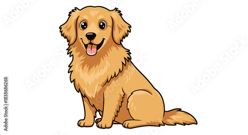 A delightful golden retriever dog is charmingly depicted in a friendly cartoon vector illustration, sitting happily with its tongue out on a white background.