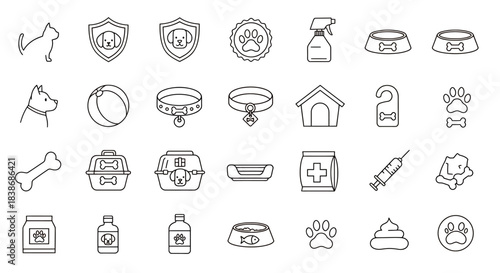 A comprehensive collection of minimalist line art vector icons depicting essential dog care items and pet accessories, ideal for veterinary and animal welfare.