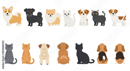 A charming collection of diverse dog and cat breeds illustrated in a cute cartoon vector style, featuring front and back views for versatile graphic design.