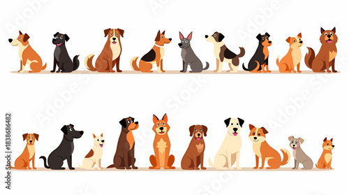 A charming collection of diverse dog breeds is presented in a clean vector style, perfect for various graphic design projects on a white background.