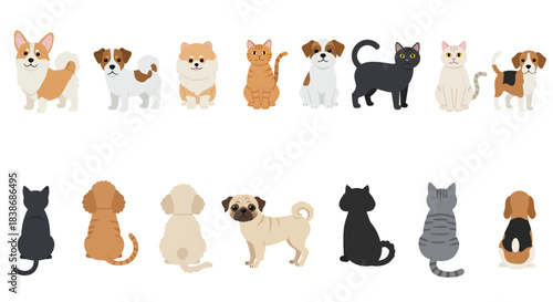 A charming collection of various dog and cat breeds depicted in a cute, flat vector illustration style, isolated on a clean white background.
