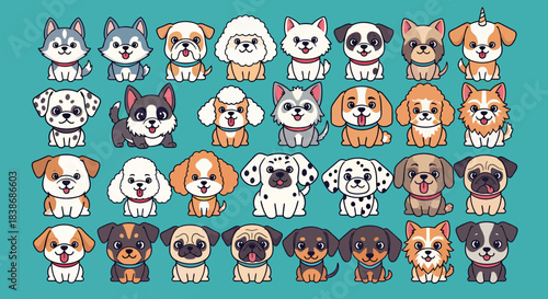 Huge Collection of Adorable Cartoon Puppy Dogs of Various Breeds on Teal Background