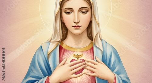 Virgin Mary holding sacred heart with serene expression and halo  