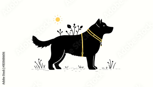Minimalist Black Dog Silhouette with Nature and Gold Harness Vector Illustration