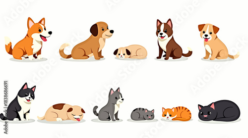 A charming collection of various cute cartoon dogs and cats, depicted in a playful vector art style, isolated on a clean white background.