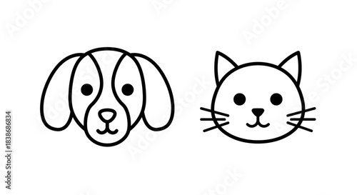 A charming pair of minimalist line art icons depicting the friendly faces of a domestic dog and a cute cat, perfectly isolated on a clean white background.