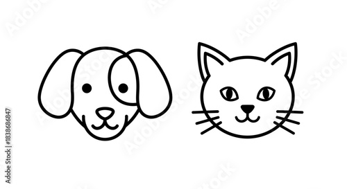Simple vector line art illustration featuring a cute dog head and a charming cat face, perfect for pet-related graphic design projects.