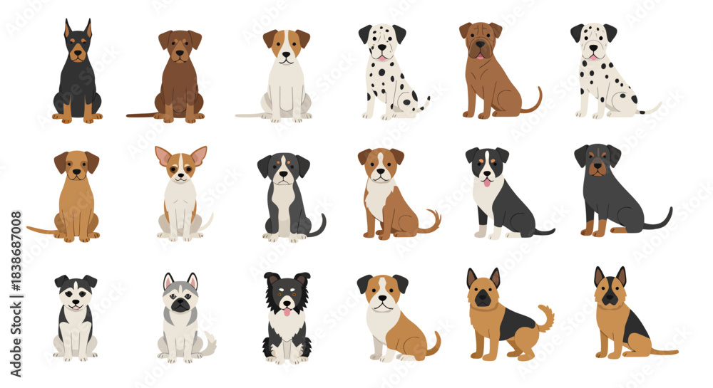 Fototapeta premium A charming collection of diverse dog breeds depicted in a clean, modern flat vector illustration style, ideal for pet-related designs and digital projects.