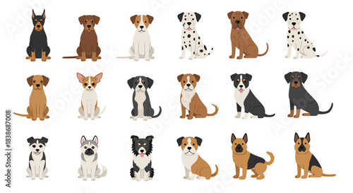 A charming collection of diverse dog breeds depicted in a clean, modern flat vector illustration style, ideal for pet-related designs and digital projects.