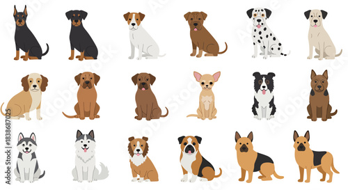 Collection of Various Dog Breeds Sitting or Posing in Cartoon Vector Style
