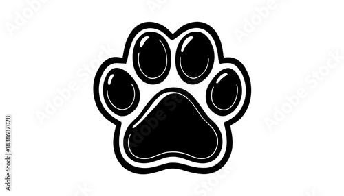 This clean, isolated vector graphic features a shiny black dog paw print with a white outline, ideal for pet shop logos or veterinary clinic branding.