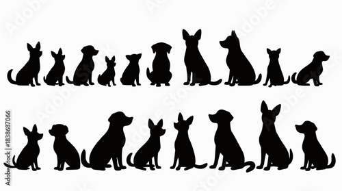 A diverse collection of black dog silhouettes, showcasing various breeds and sizes in a clean, isolated vector graphic design, ideal for pet-related projects.