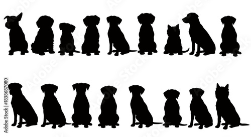 A collection of diverse dog breed silhouettes, presented in various sitting and standing poses on a clean white background, ideal for graphic design.