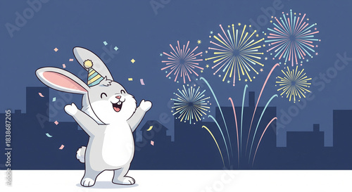 Celebrating Rabbit and Fireworks: An adorable rabbit wearing a festive party hat celebrates the night sky, with colorful bursts of celebratory fireworks lighting up the cityscape.