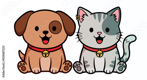 A charming vector illustration features a happy brown puppy and a cute gray tabby kitten sitting together, showcasing adorable pet friendship.