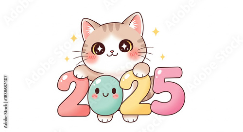 Cute Cat Welcomes Year 2025: A charming cartoon cat, with large, endearing eyes and a delightful smile, proudly holds the digits 2025, representing the arrival of a new year.