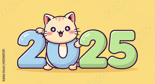 Year of Feline Festivity: A cute cartoon cat joyfully embraces the upcoming year, 2025, symbolizing optimism and looking forward to the future. 