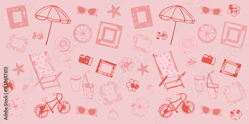 A playful summer pattern featuring beach items and vibrant pink tones