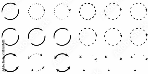 Arrangement of dashed circles and curved arrows on a white background