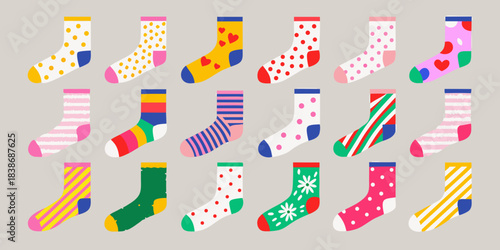 Colorful and patterned socks displayed in a playful and cheerful arrangement