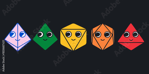 Colorful geometric shapes with faces a playful arrangement of polyhedral dice