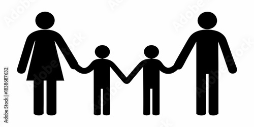 A simple black silhouette illustration depicting a family holding hands together
