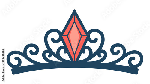 Elegant Dark Blue Tiara Crown Adorned with a Central Glowing Coral Pink Diamond Gemstone on a Black Background Vector Illustration