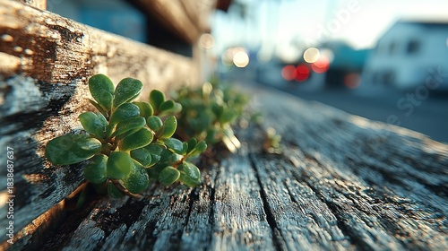 Fototapeta Naklejka Na Ścianę i Meble -  Small, vibrant plants sprout from weathered wood