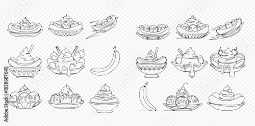 Set of hand-drawn banana split and ice cream sundaes with various toppings and whole bananas, black and white line art illustrations.