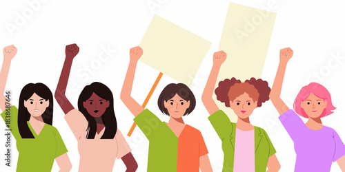 Diverse group of women raising fists and holding blank protest signs