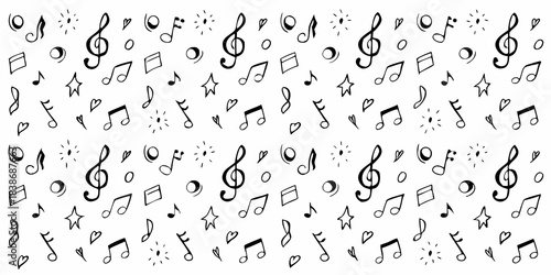A seamless pattern of hand drawn musical notes and symbols on white background