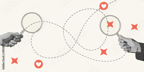 Connecting the dots hands using magnifying glasses to find hidden relationships