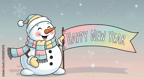 Snowman's New Year Wish: A cheerful snowman, adorned with a festive scarf and hat, extends a banner of New Year wishes, ushering in the season's joy and festive cheer.