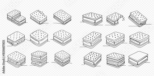 Set of various ice cream sandwich dessert icons in isometric hand drawn style.