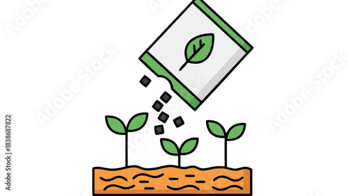 Gardening concept illustration of a seed packet pouring seeds into fertile soil with young sprouts emerging symbolizing growth and agriculture