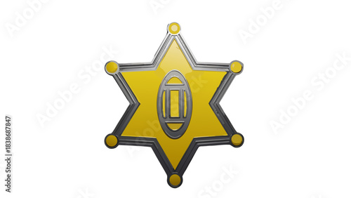 Golden Sheriff Star Badge with Lantern Emblem on Black Background Reflecting Light and Shadow with Metallic Sheen