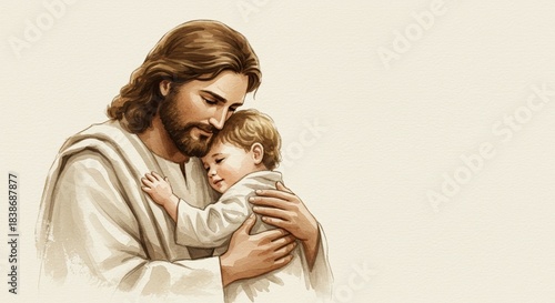 Jesus holding child in embrace with gentle expression and soft light   ,  copy space