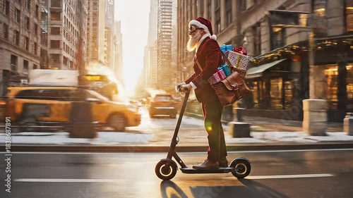 Modern Santa Claus riding electric scooter on busy city street delivering gifts, eco-friendly urban holiday fast delivery concept, cinematic winter afternoon.