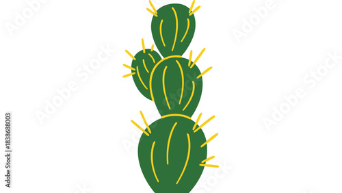 Green Prickly Pear Cactus Plant with Yellow Spines Isolated on a Solid Black Background Minimalist Illustration