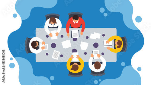 Group Meeting Around A Rectangular Table In A Boardroom With Papers And Chairs Top Down View Business Meeting Illustration