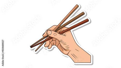 Hand Holding Chopsticks Ready to Eat Asian Food on Black Background Simple Flat Design Style