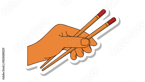 Hand Holding Chopsticks Red Tipped Utensils for Eating Asian Food Cuisine Preparation and Dining Cultural Tradition Celebration